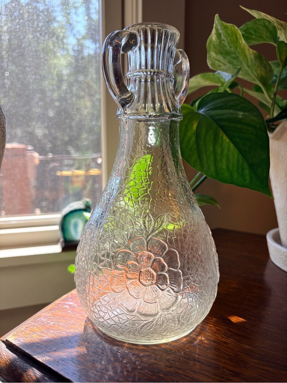 Vintage crackle Embossed Glass Decorative Pitcher/vase - Floral Design